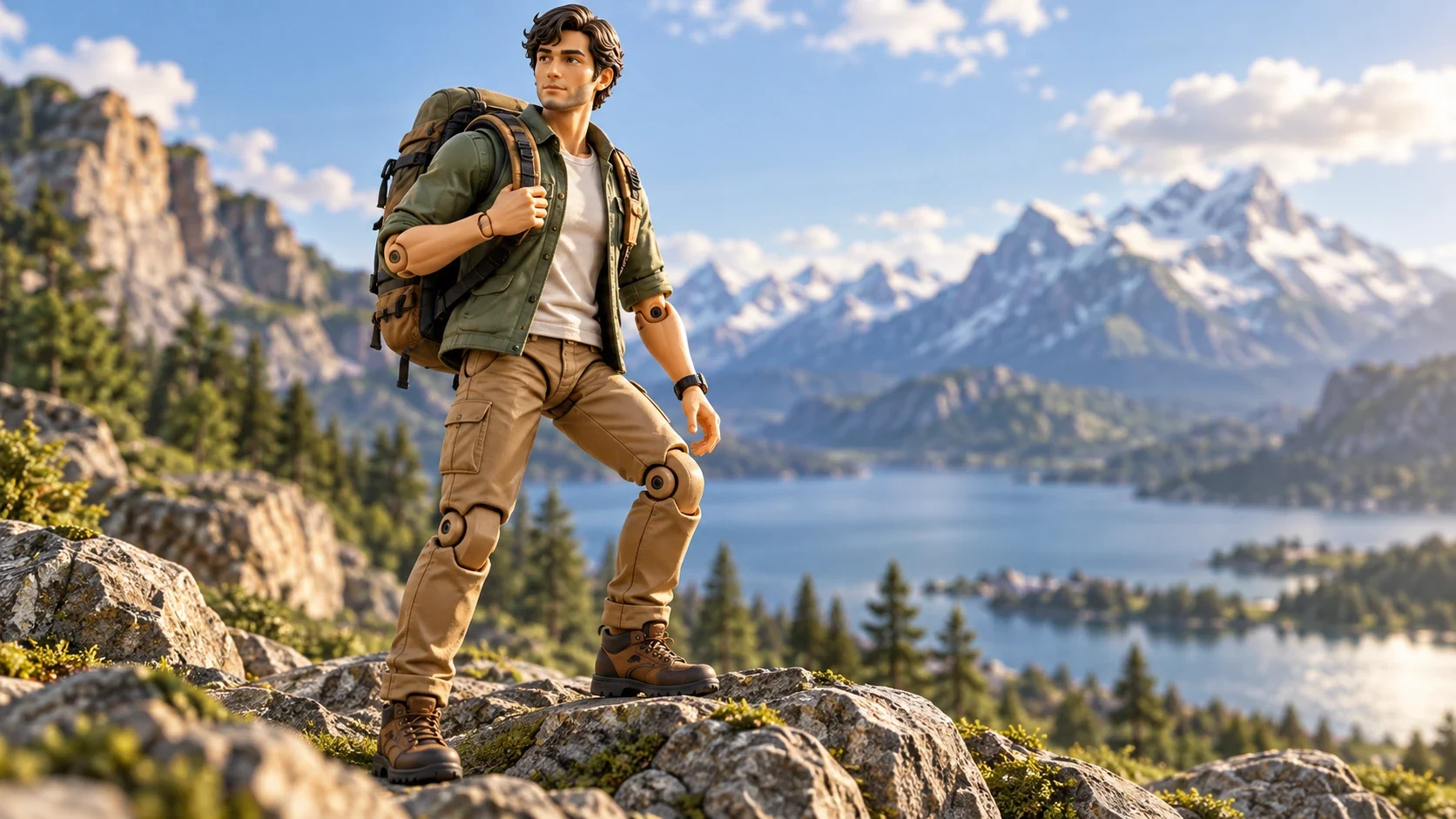 Articulated traveler figure with visible engineered limb joints