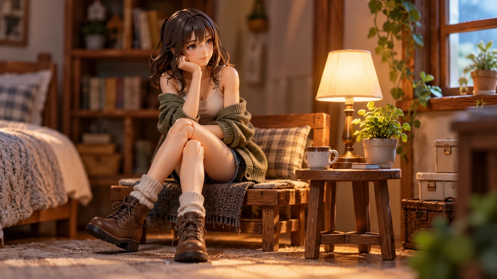 Collectible figure in a miniature room under warm object lighting