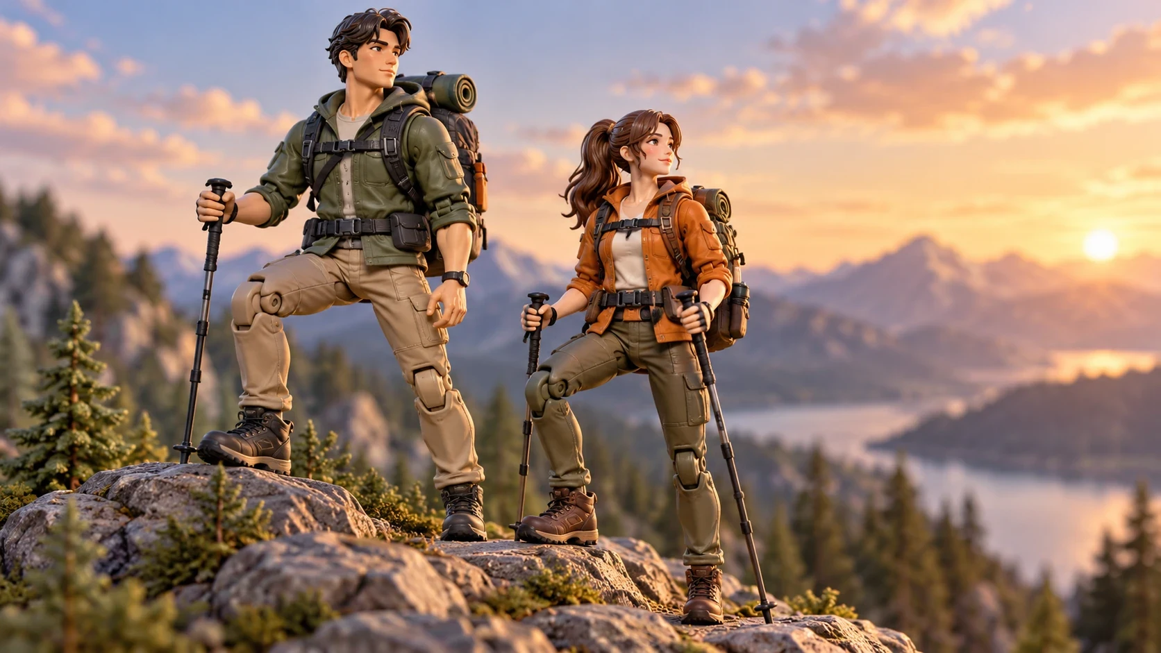 Two original hiking figures on a small scenic display base