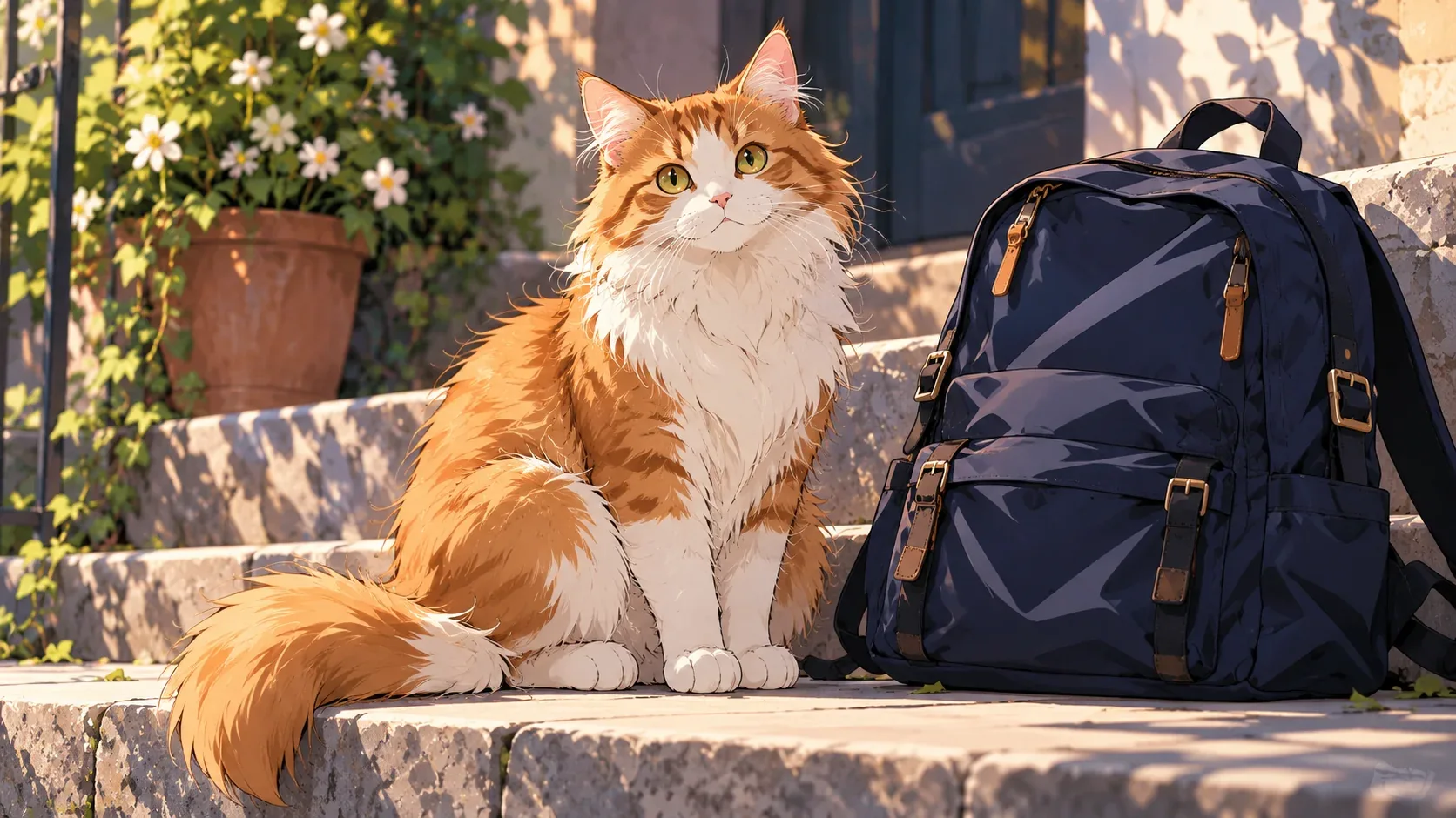 Ginger cat and backpack defined by tapered illustrated outlines