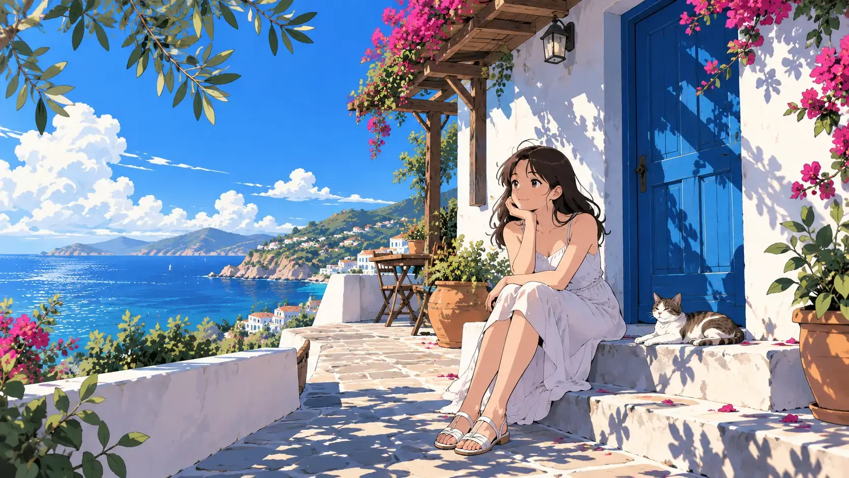Sunlit terrace and blue doorway with distinct cel-shadow shapes