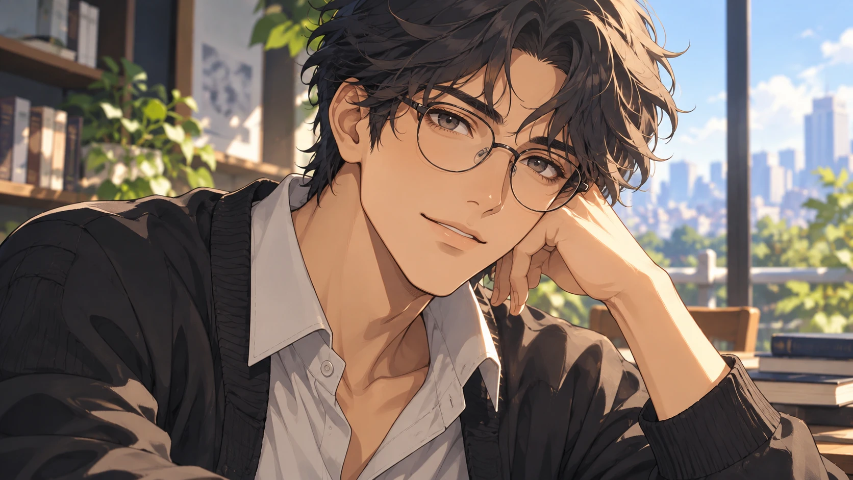 Original anime face with designed eyes, hair masses and glasses