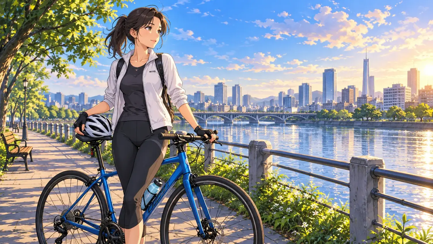 Colored anime cyclist and blue bicycle beside a river