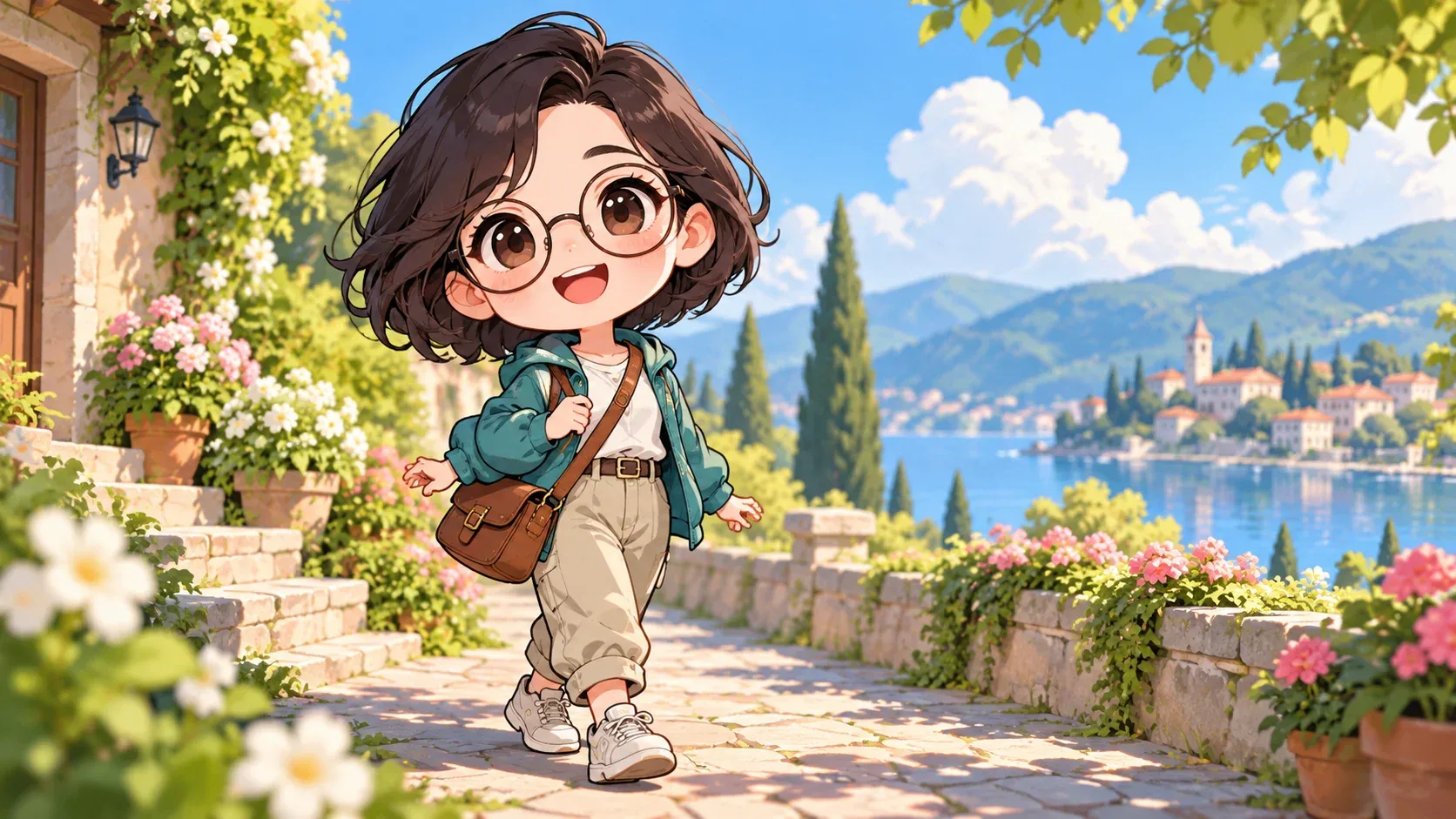 Original compact chibi traveler with an enlarged expressive head
