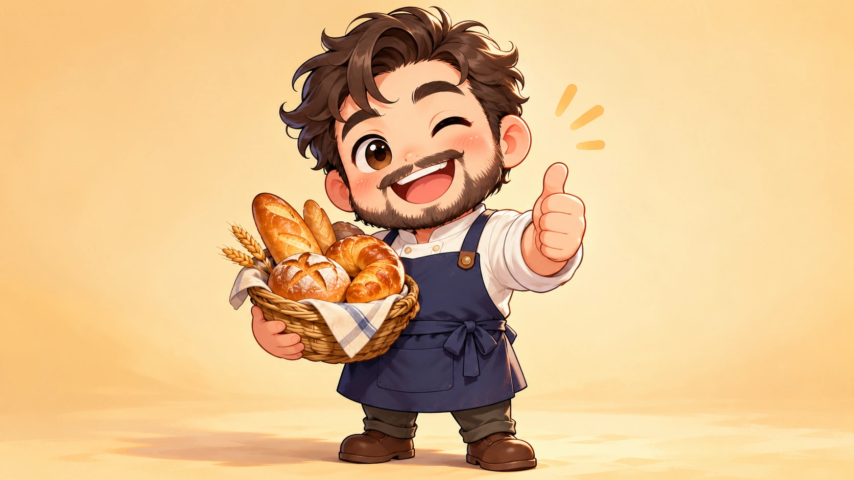 Full-body chibi baker showing deliberately compact proportions