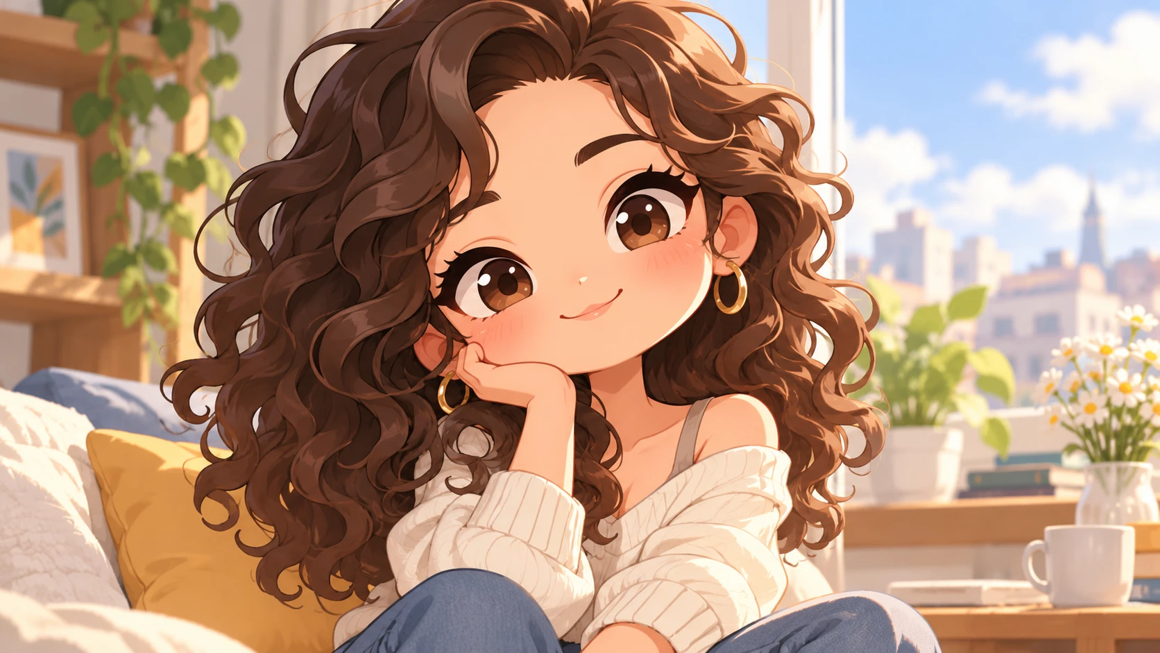 Close chibi face using simple expressive eye and mouth shapes