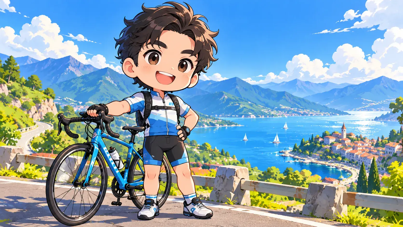 Chibi cyclist and bicycle with bright cel-color shadow areas