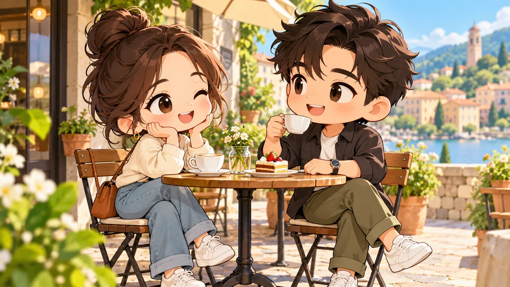 Two compact chibi characters at a small cafe table