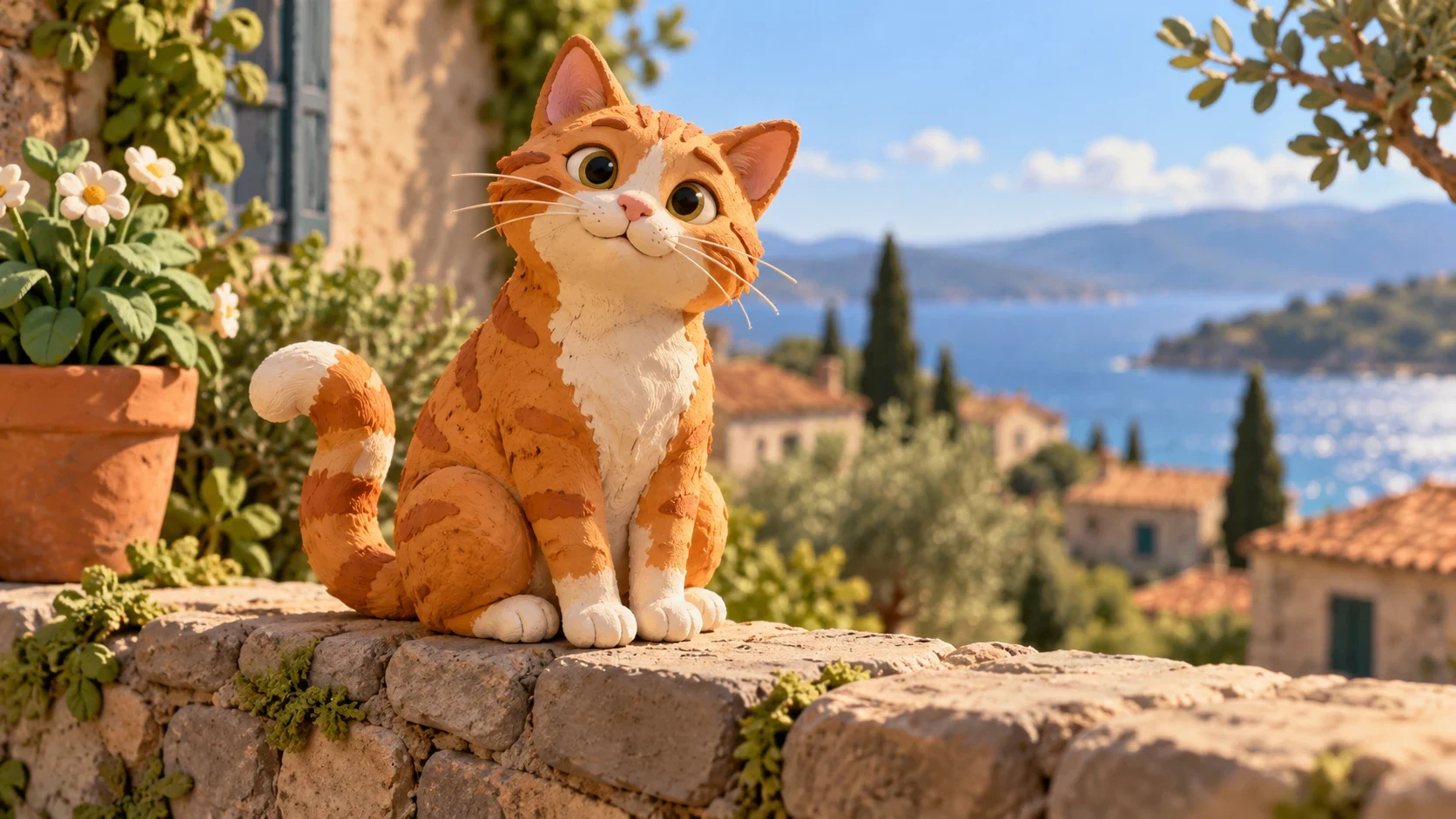 Hand-sculpted clay cat with rounded slightly irregular forms