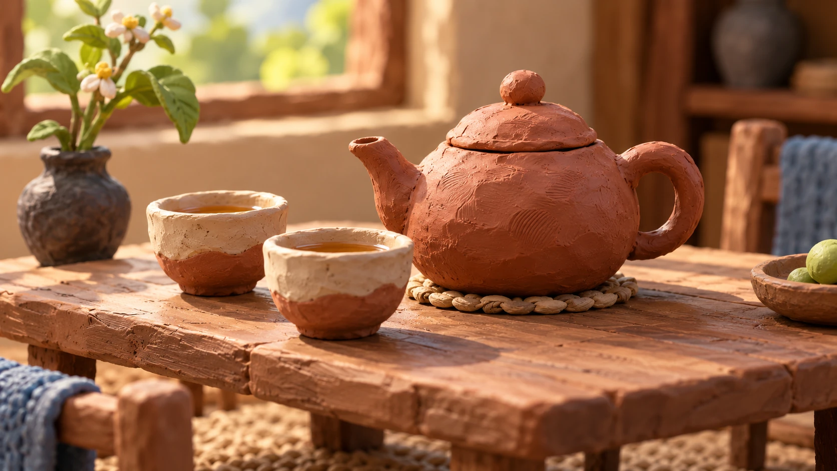 Clay teapot and cups with subtle seams and tool marks