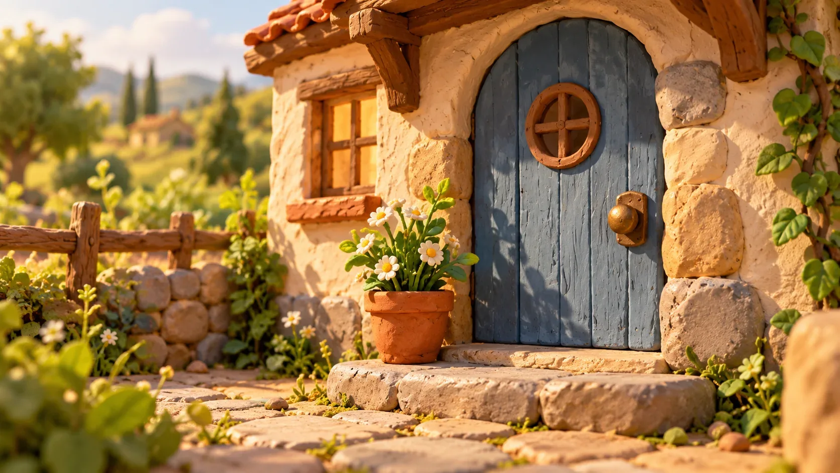 Miniature clay cottage with soft contact shadows