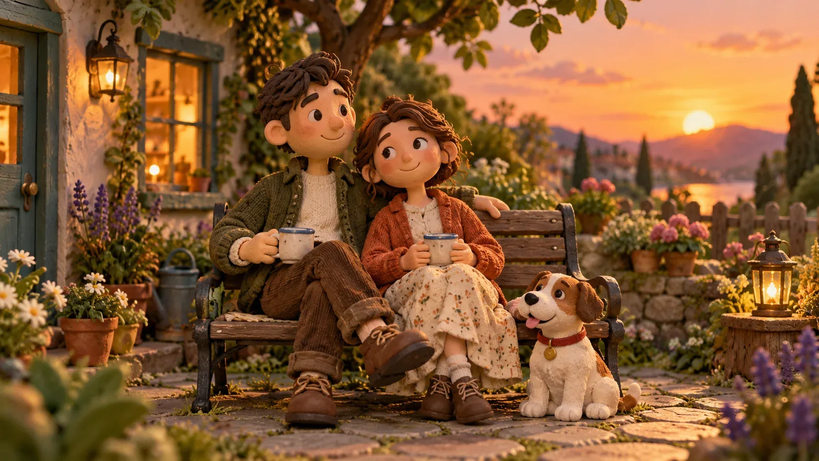 Two clay figures and a small dog on a garden bench