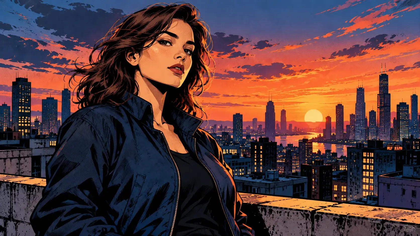 Original single-scene comic portrait with bold ink and dramatic light