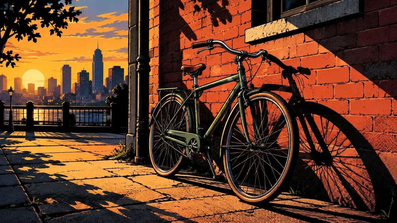 Bicycle and wall structured by large black shadow masses