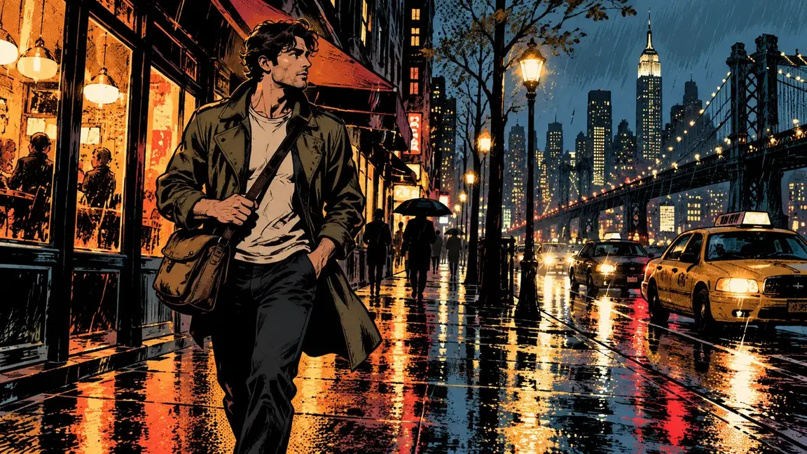 Single dramatic ink-and-color city scene in the rain