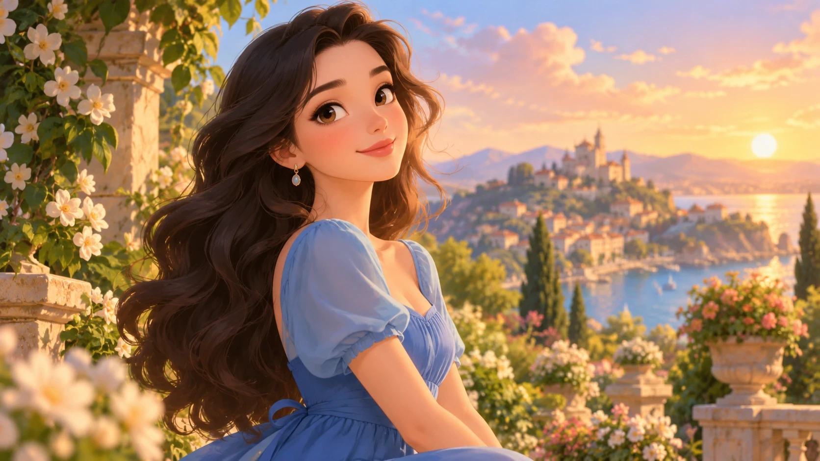 Original fairy-tale animation portrait with flowing hair and warm light