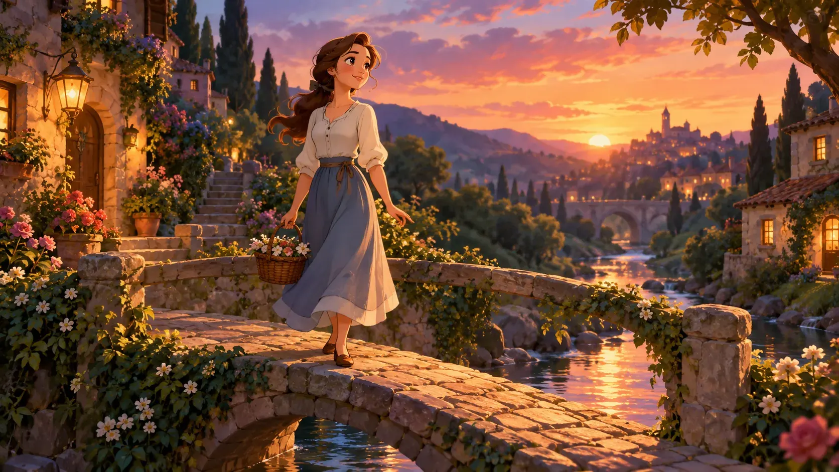 Original animated traveler crossing a small garden bridge
