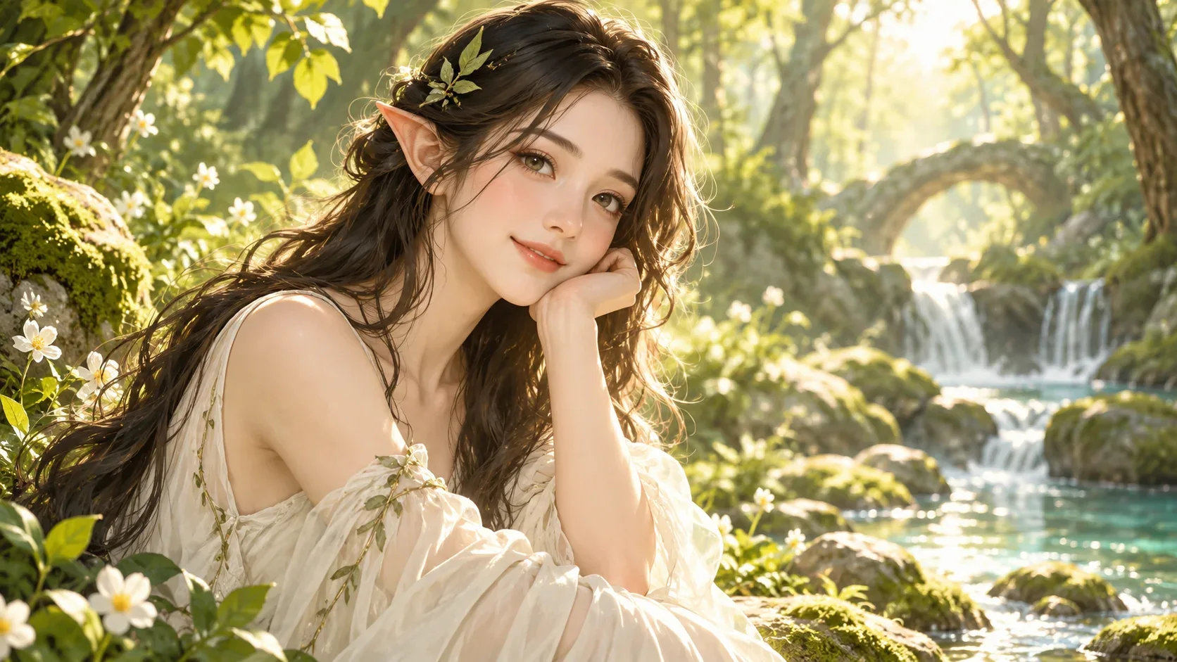 Original elf-like portrait in luminous green-gold woodland