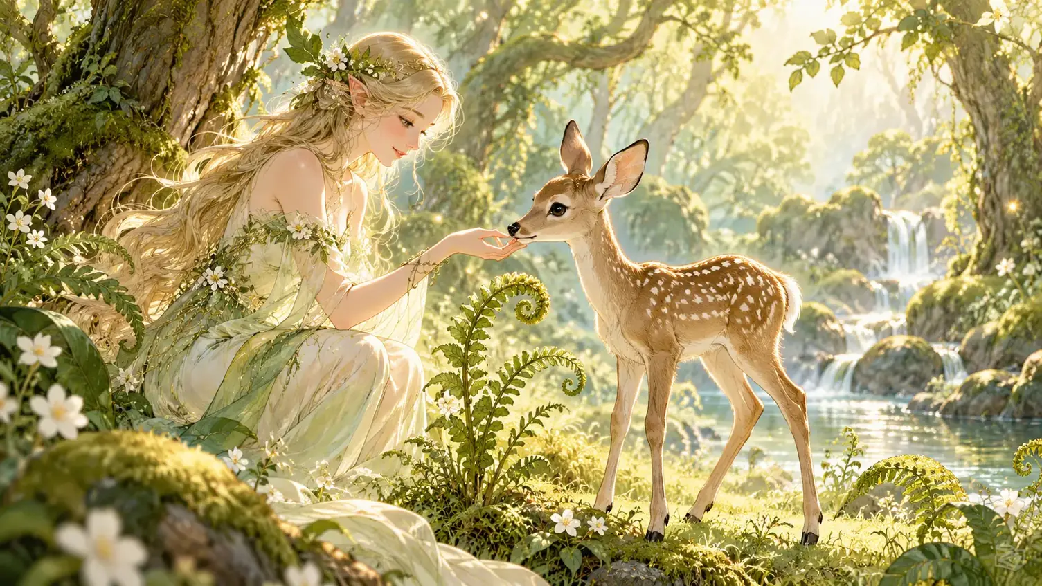 Delicate woodland deer beside an original elf-like figure