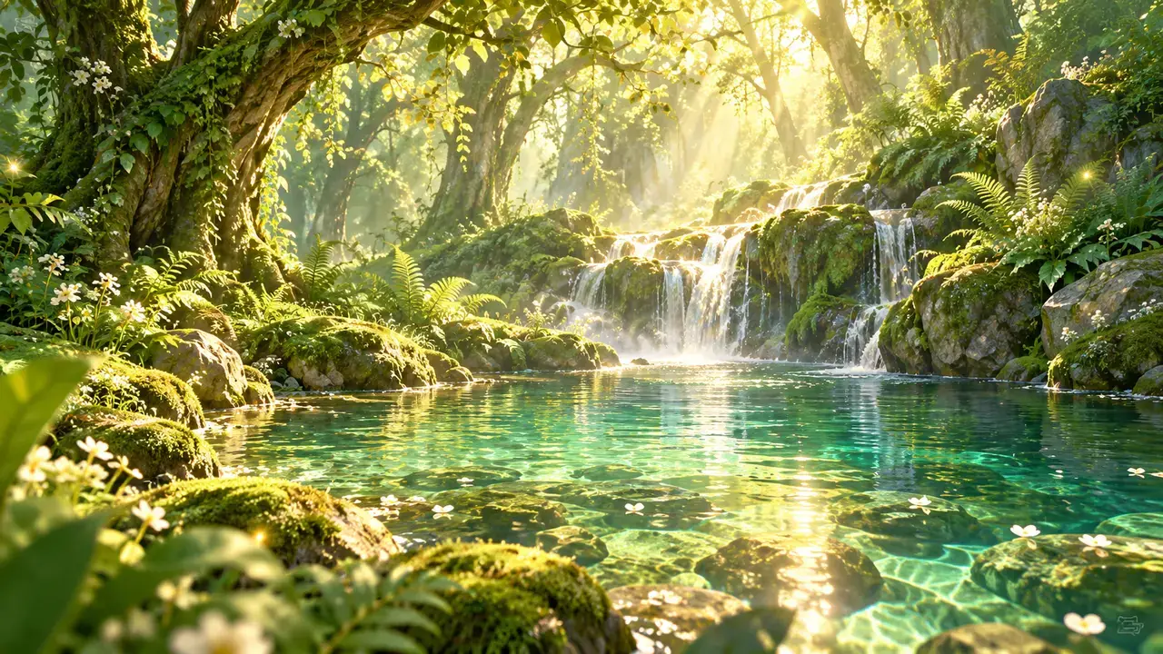 Woodland pool illuminated by green-gold light