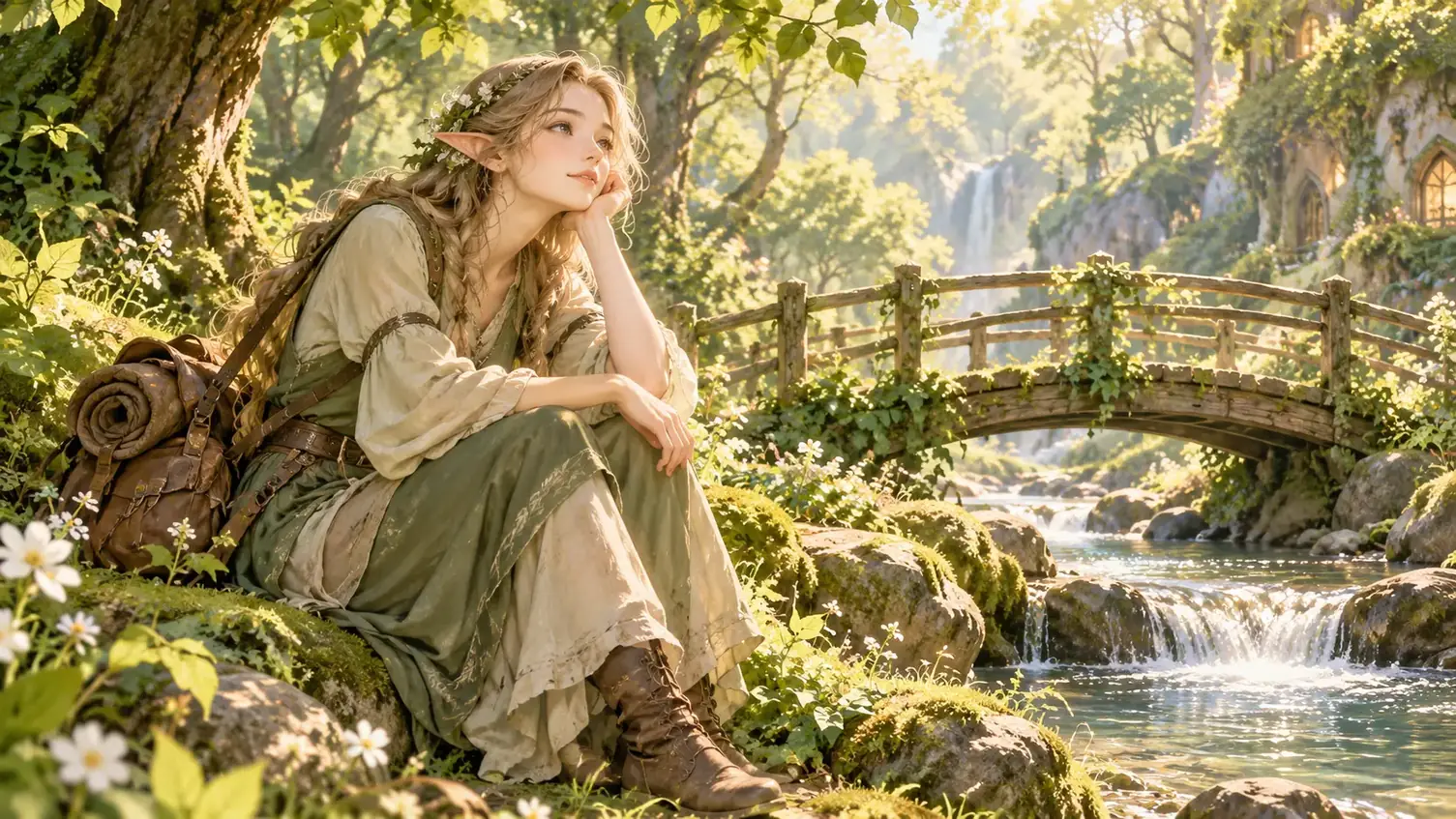 Original woodland traveler resting beside a small bridge