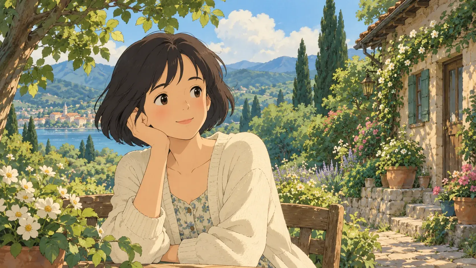 Original hand-drawn woman in a softly painted garden