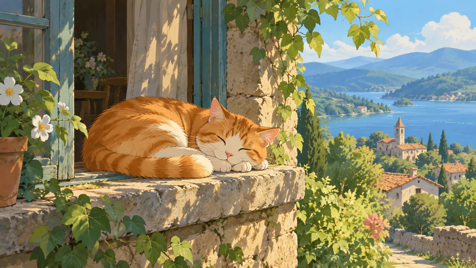 Sleeping ginger cat with gentle organic outlines on a windowsill