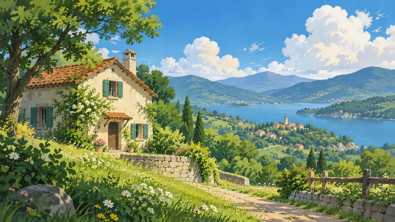 Cottage and layered green hills in broad painted color