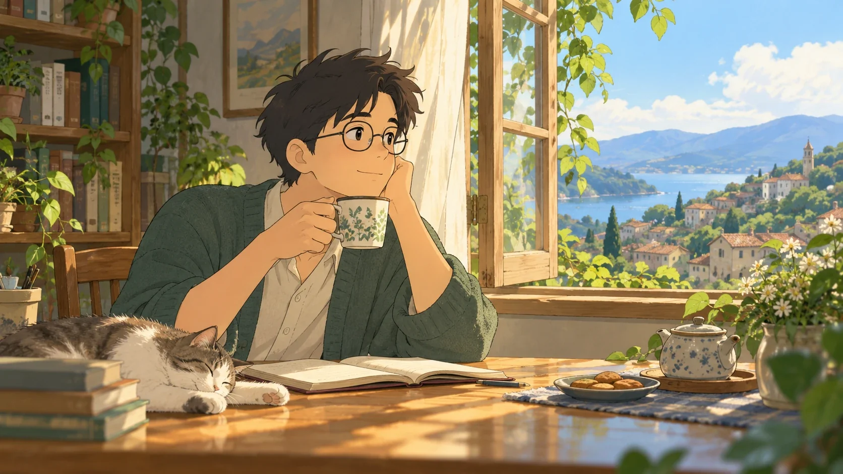 Calm illustrated man drinking tea beside an open window