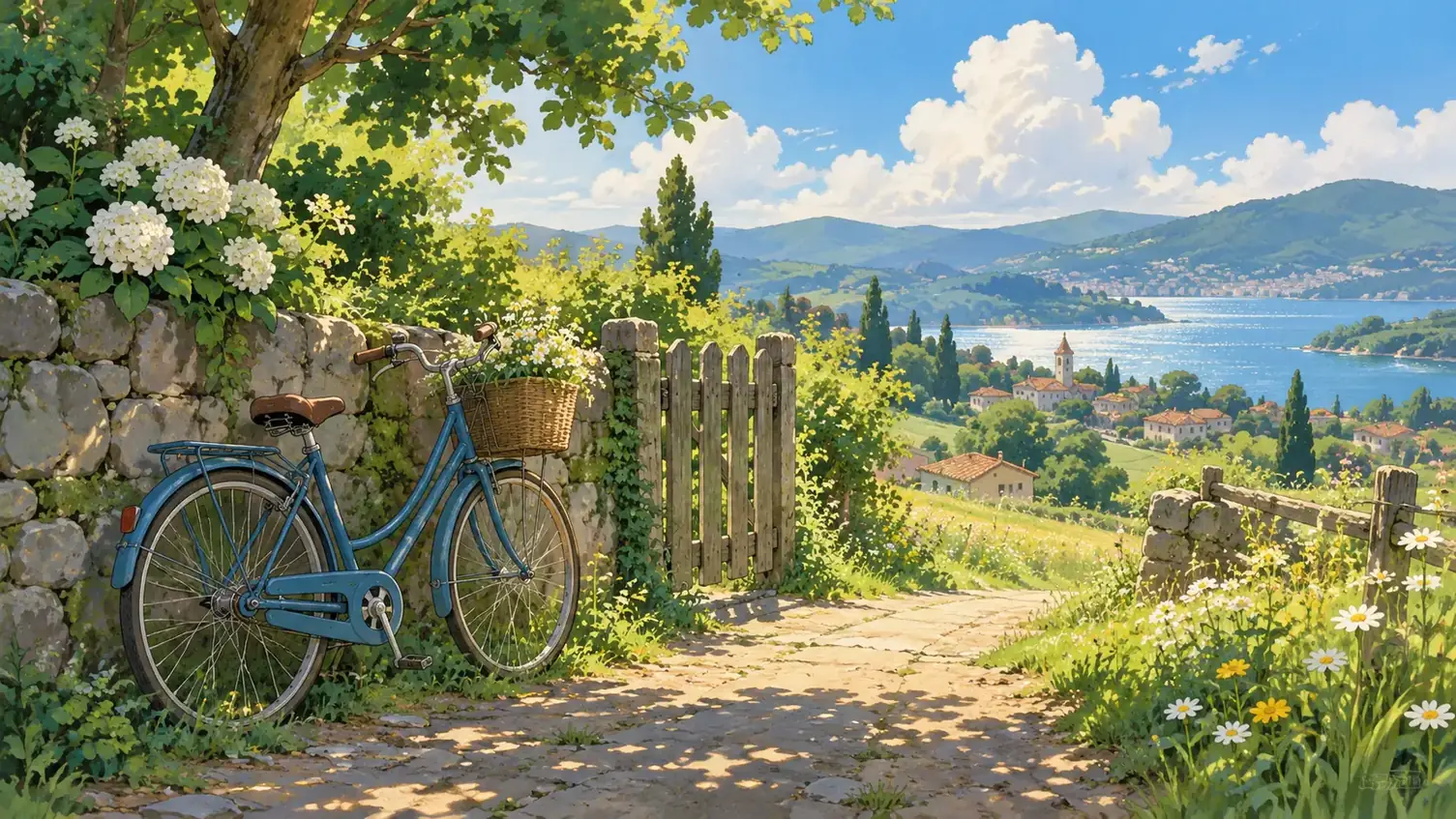 Hand-drawn blue bicycle beside a rural garden gate