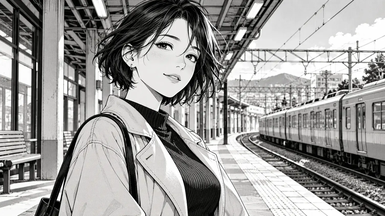 Original monochrome manga portrait with ink contours and screen tones