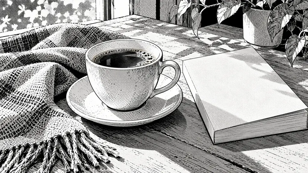 Cup, book and folded fabric modeled with printed tone patterns