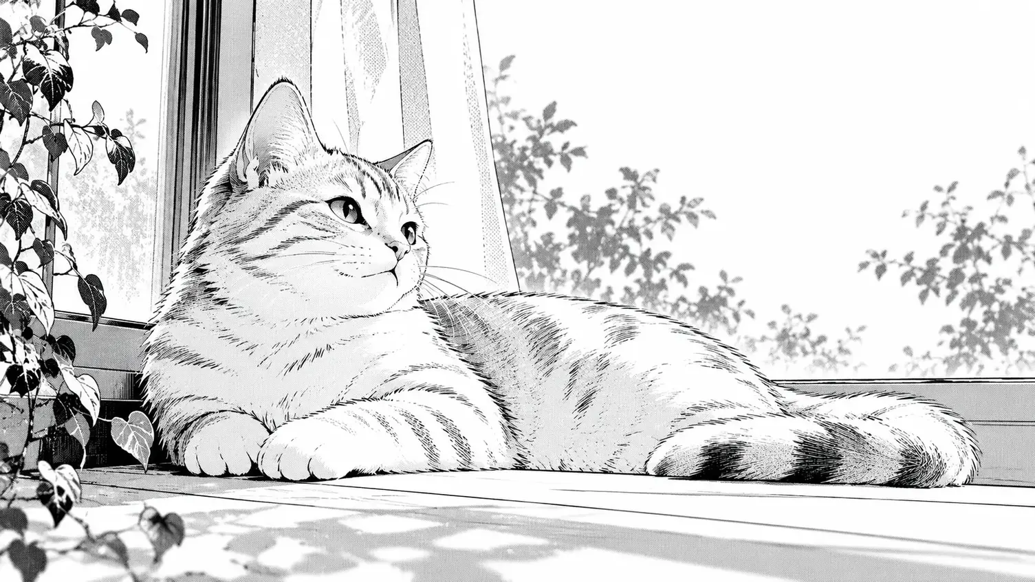 Black-and-white cat drawing with clear unfilled paper areas