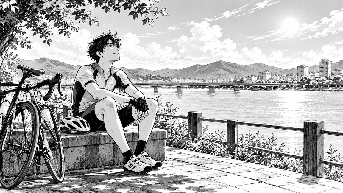 Single manga scene of a cyclist resting beside a river