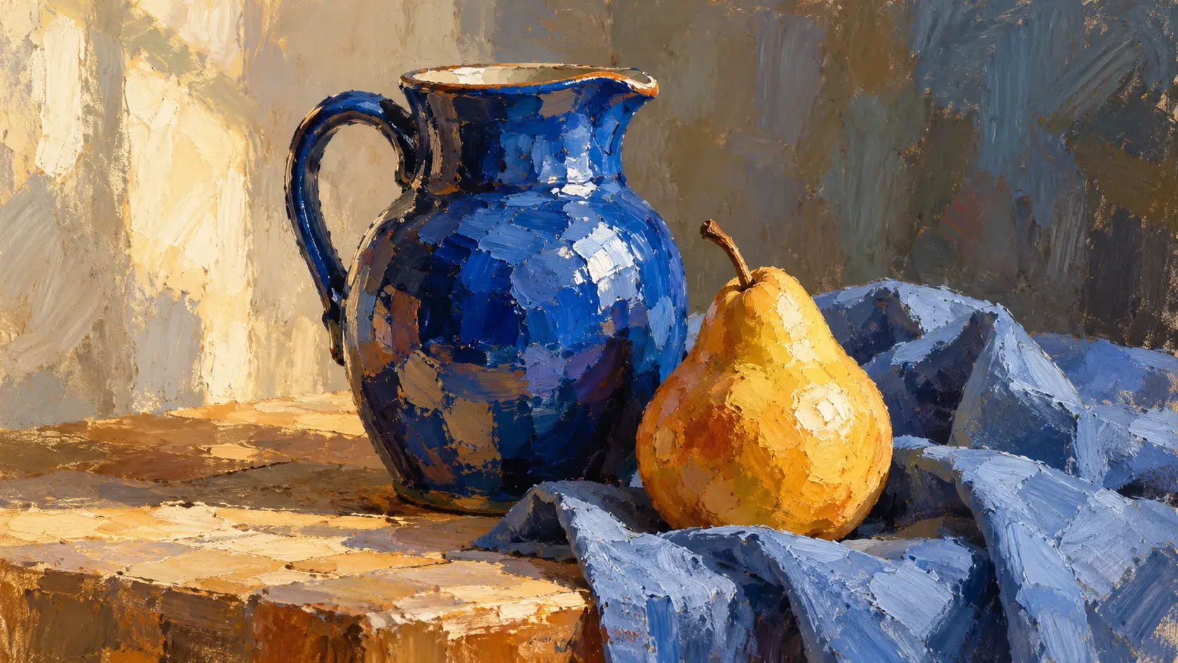 Blue jug and pear built from opaque warm and cool paint