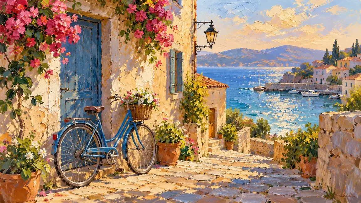 Seaside lane and bicycle rendered in visible oil brushwork