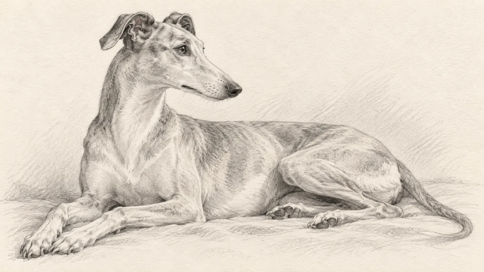 Resting greyhound drawn with fine varied-pressure graphite contours
