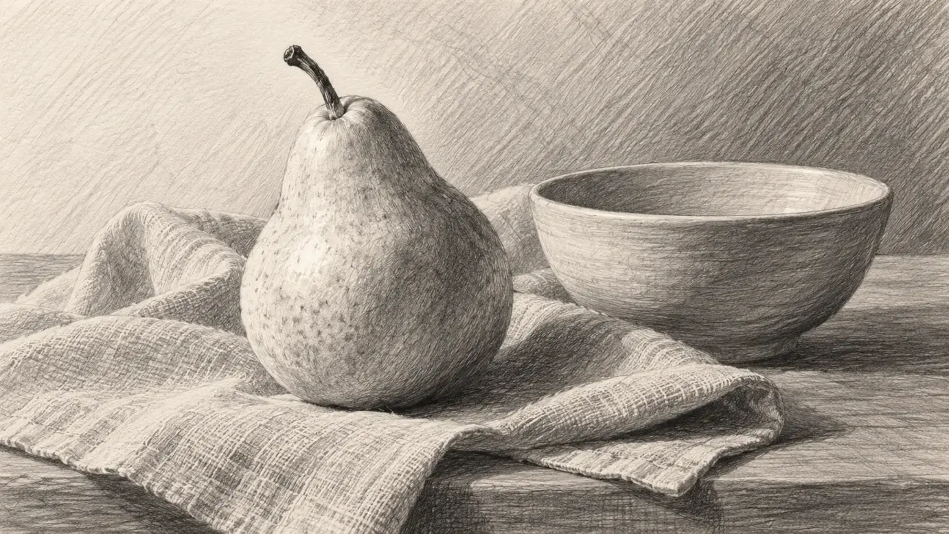 Pear, bowl and folded cloth modeled with directional hatching