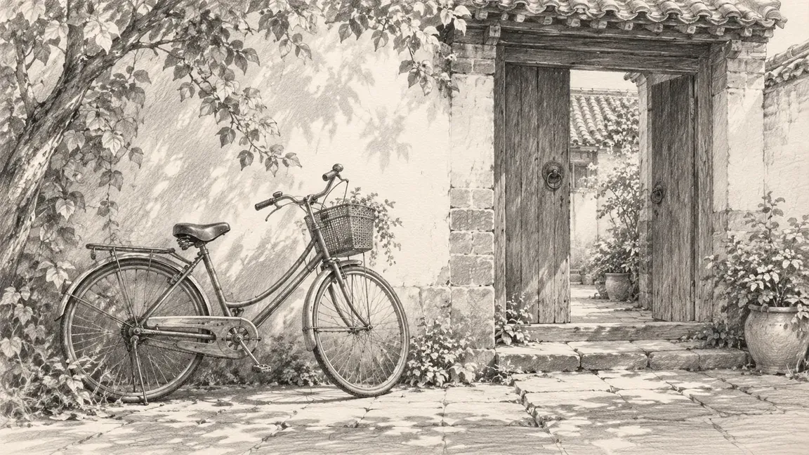 Courtyard bicycle drawn in monochrome graphite