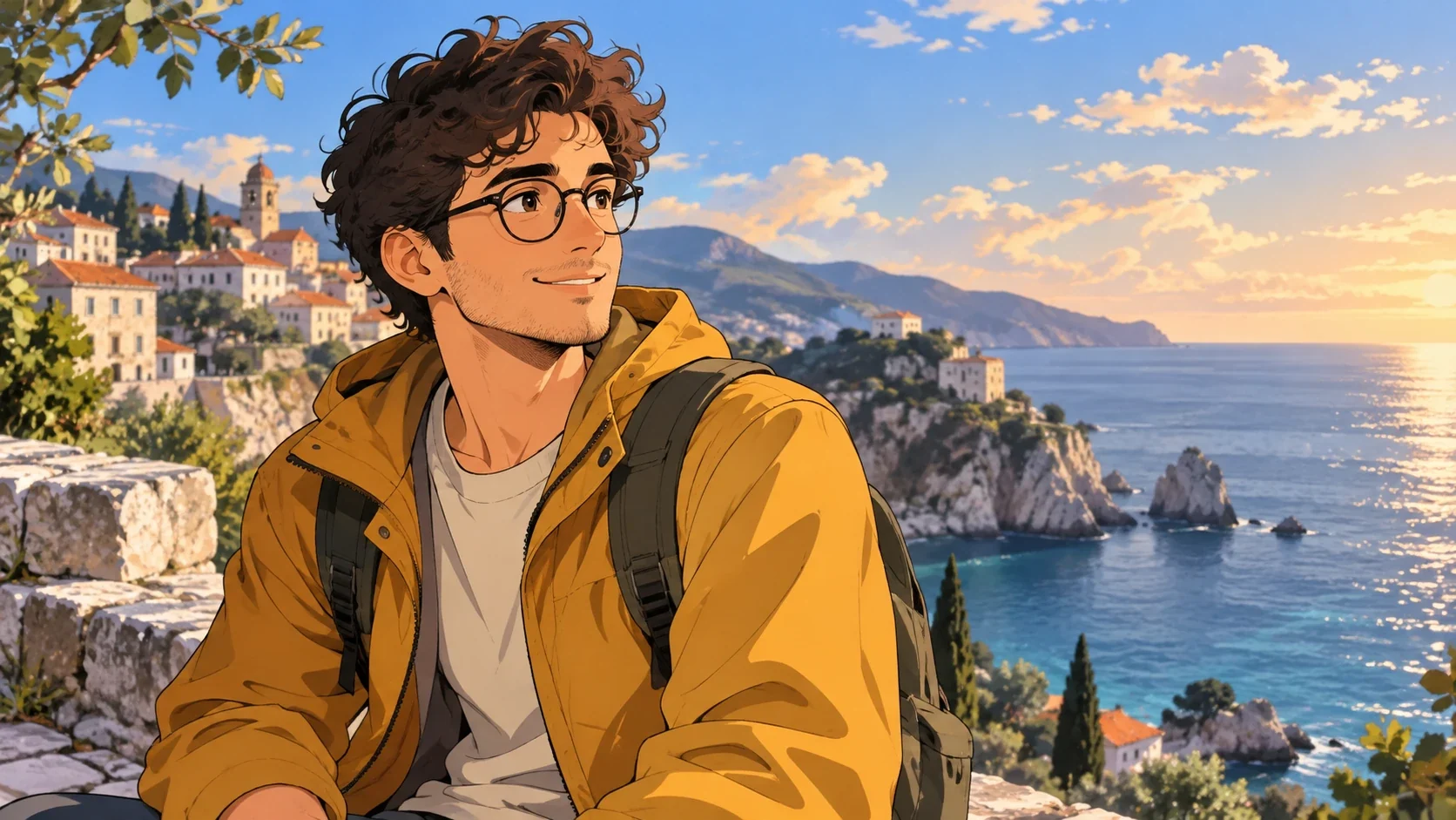 Original illustrated traveler with tapered anime outlines and cel shadows
