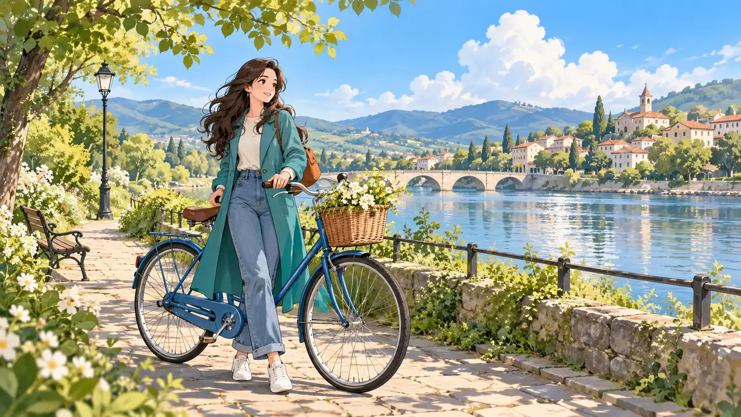 Wide illustrated scene with a full figure and blue bicycle beside a river