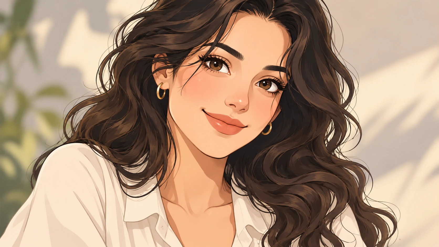 Close cartoon portrait showing readable eyes, hair, earrings and collar