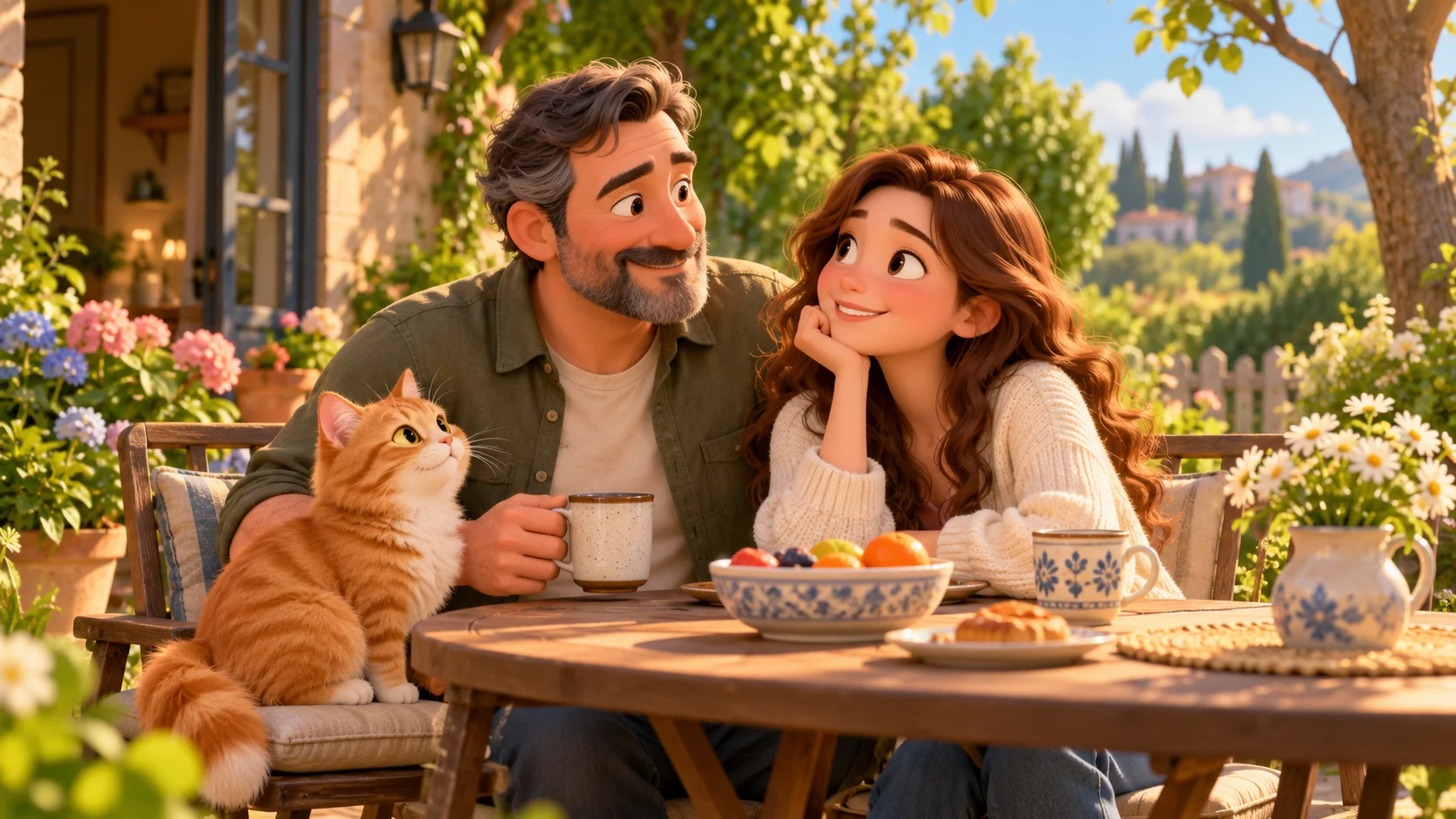 Two original animated adults and a ginger cat at a garden table