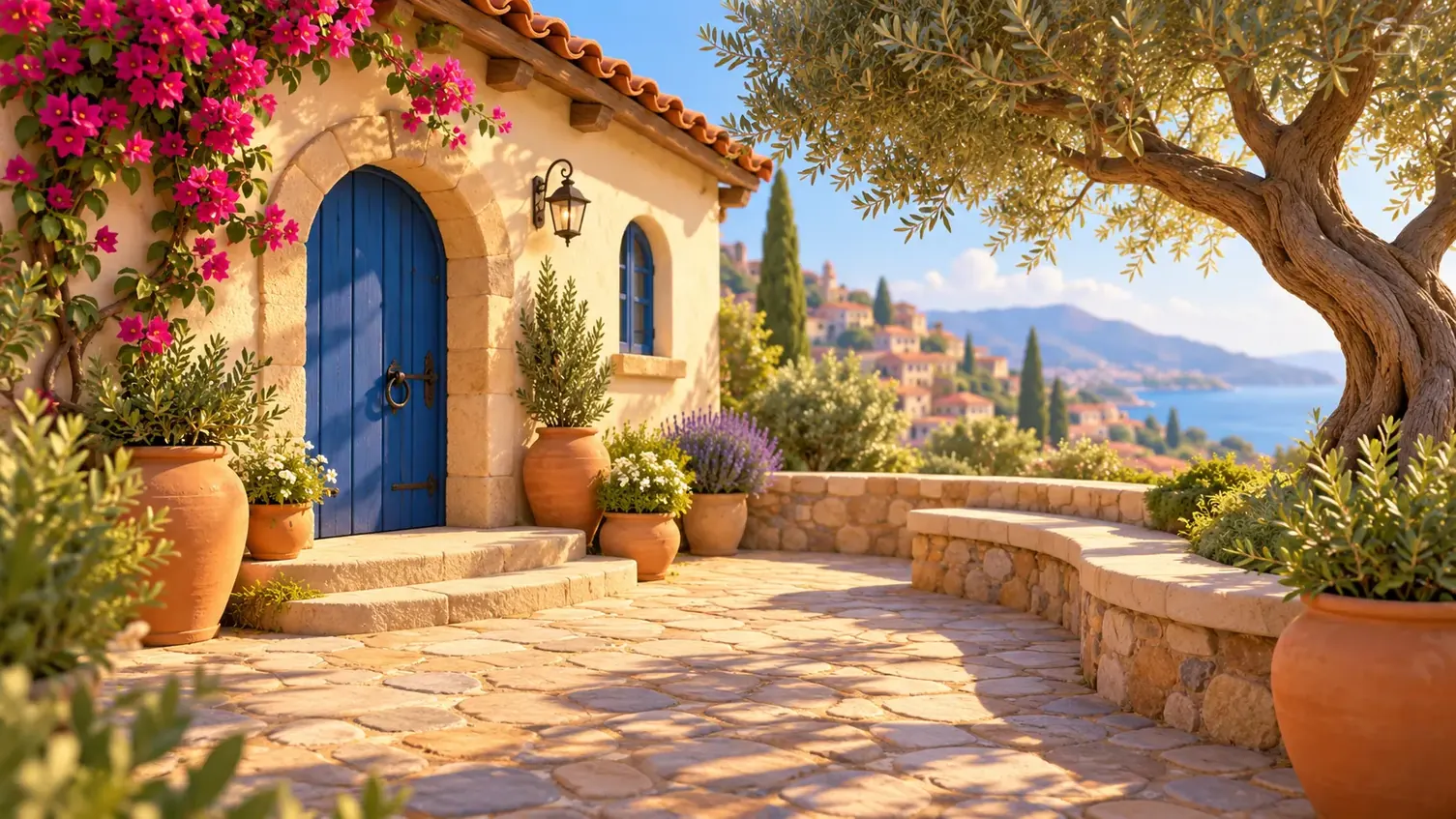 Empty 3D animated courtyard with an arched blue door, rounded pots and a curved stone bench