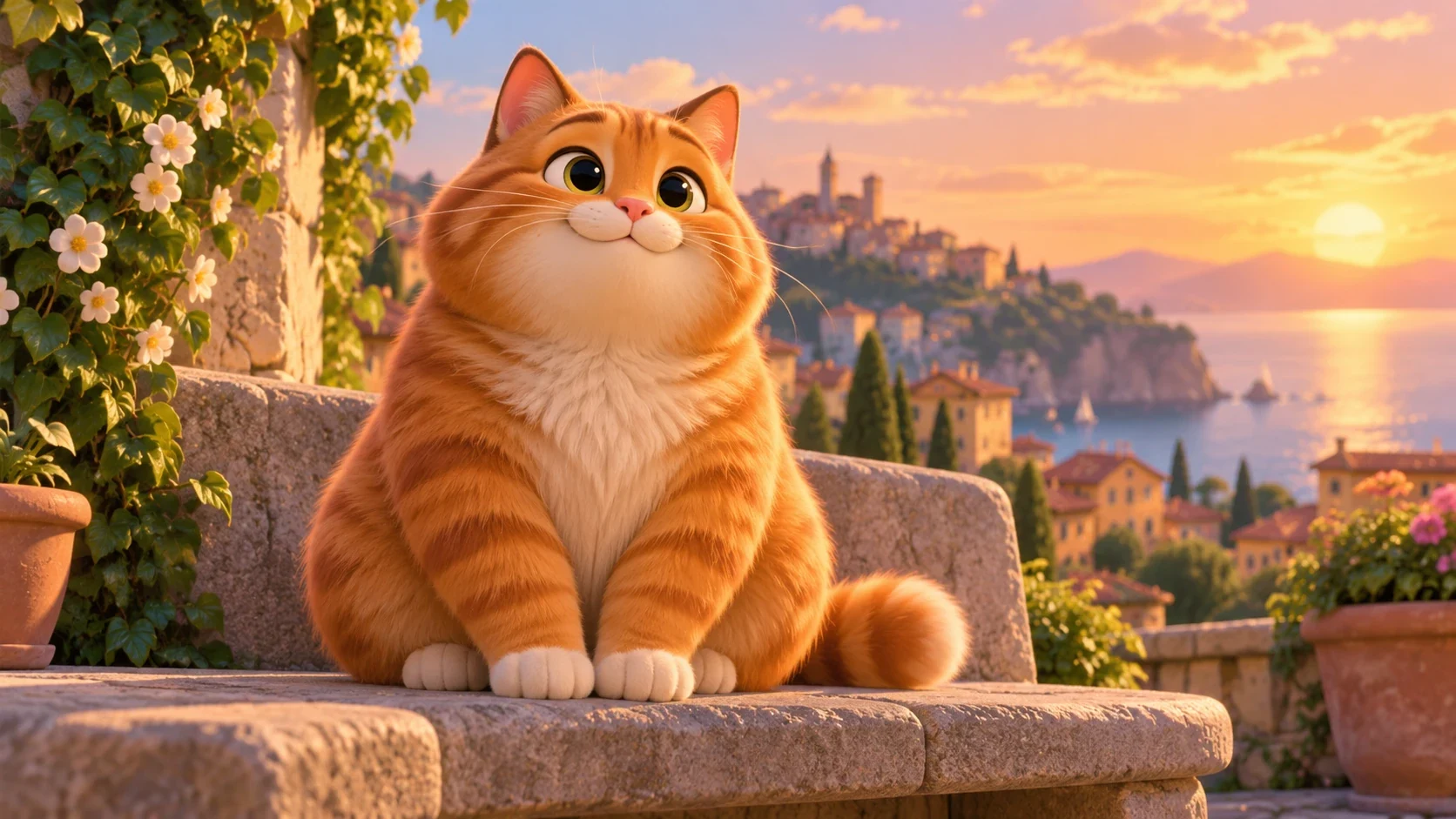 Original animated ginger cat built from rounded sculpted masses