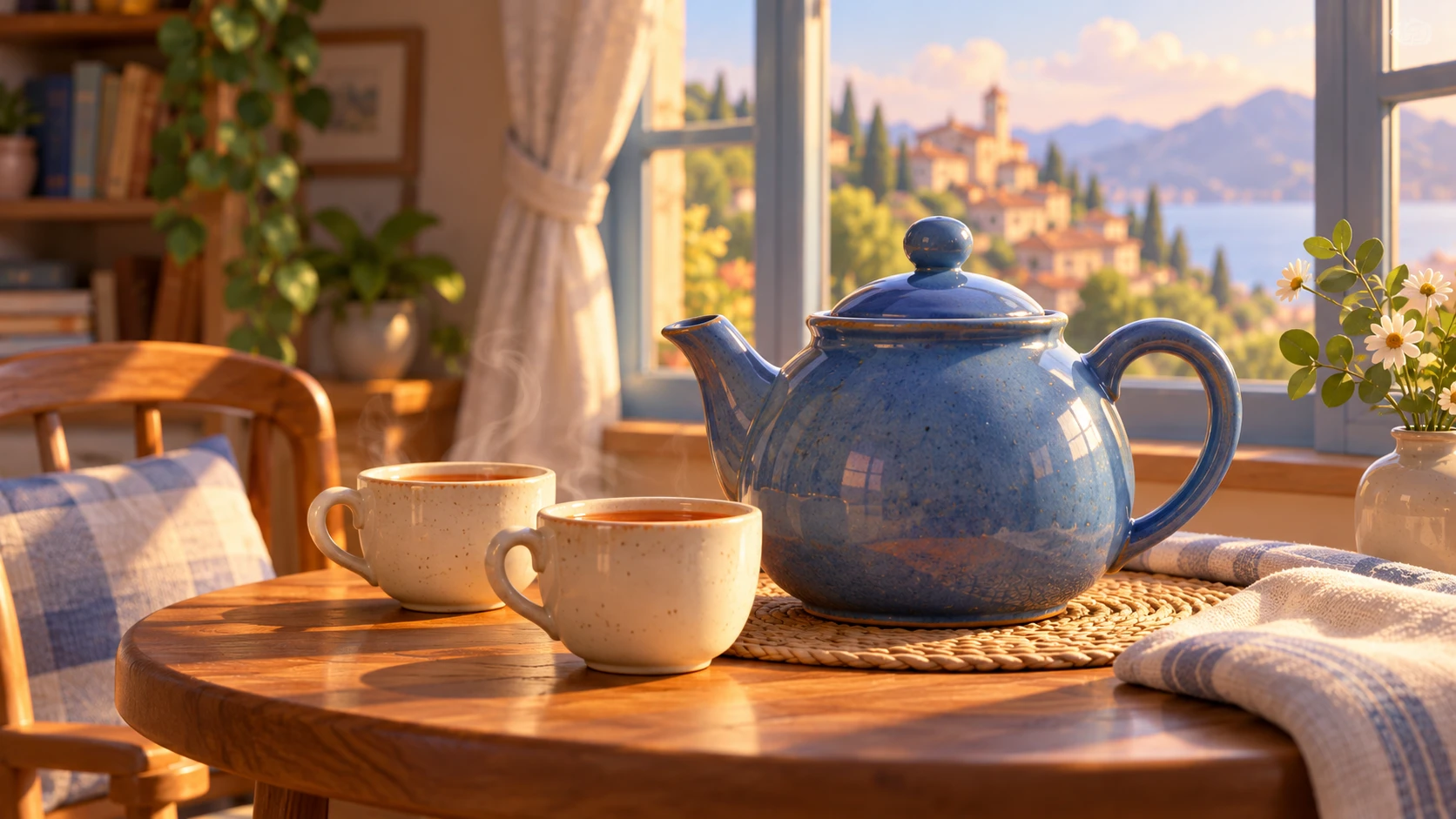 Blue teapot and cream cups modeled by soft window light