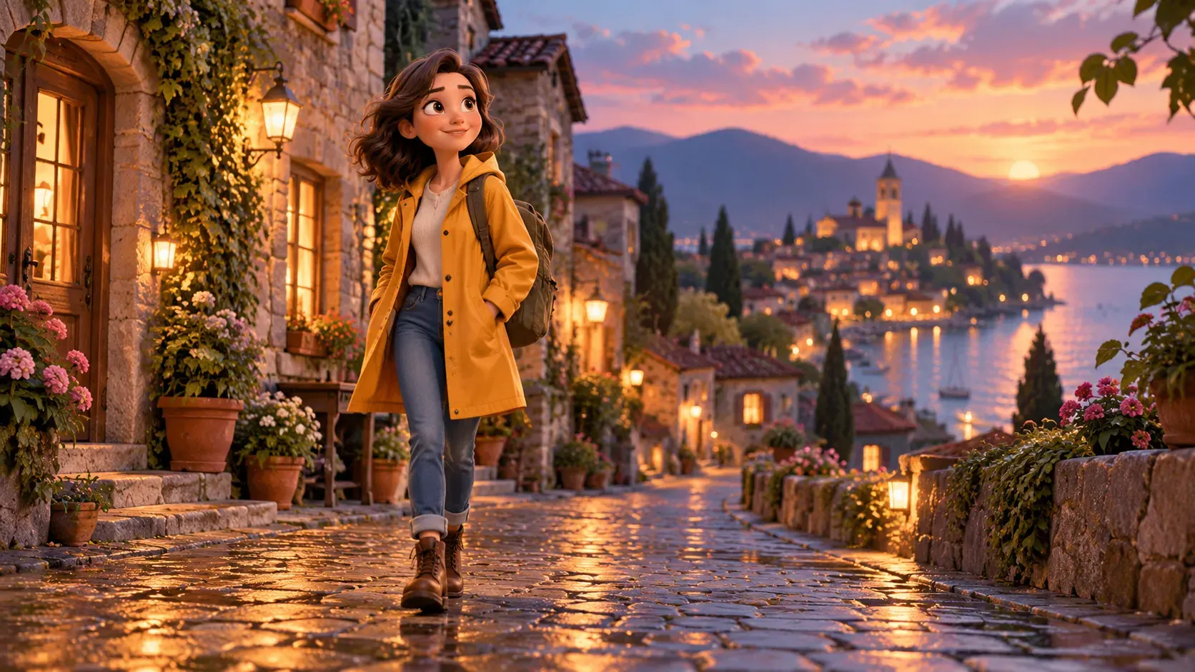 Original animated traveler in a softly lit village scene
