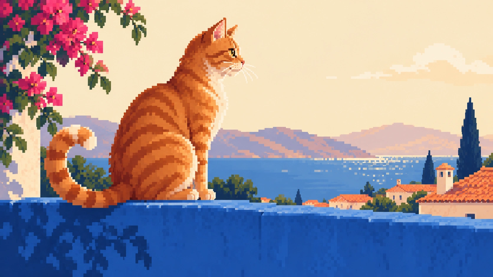 Ginger cat silhouette with stepped pixel edges