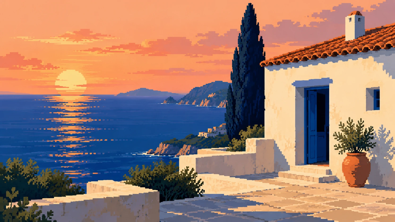 Seaside house rendered in compact pixel-art color groups