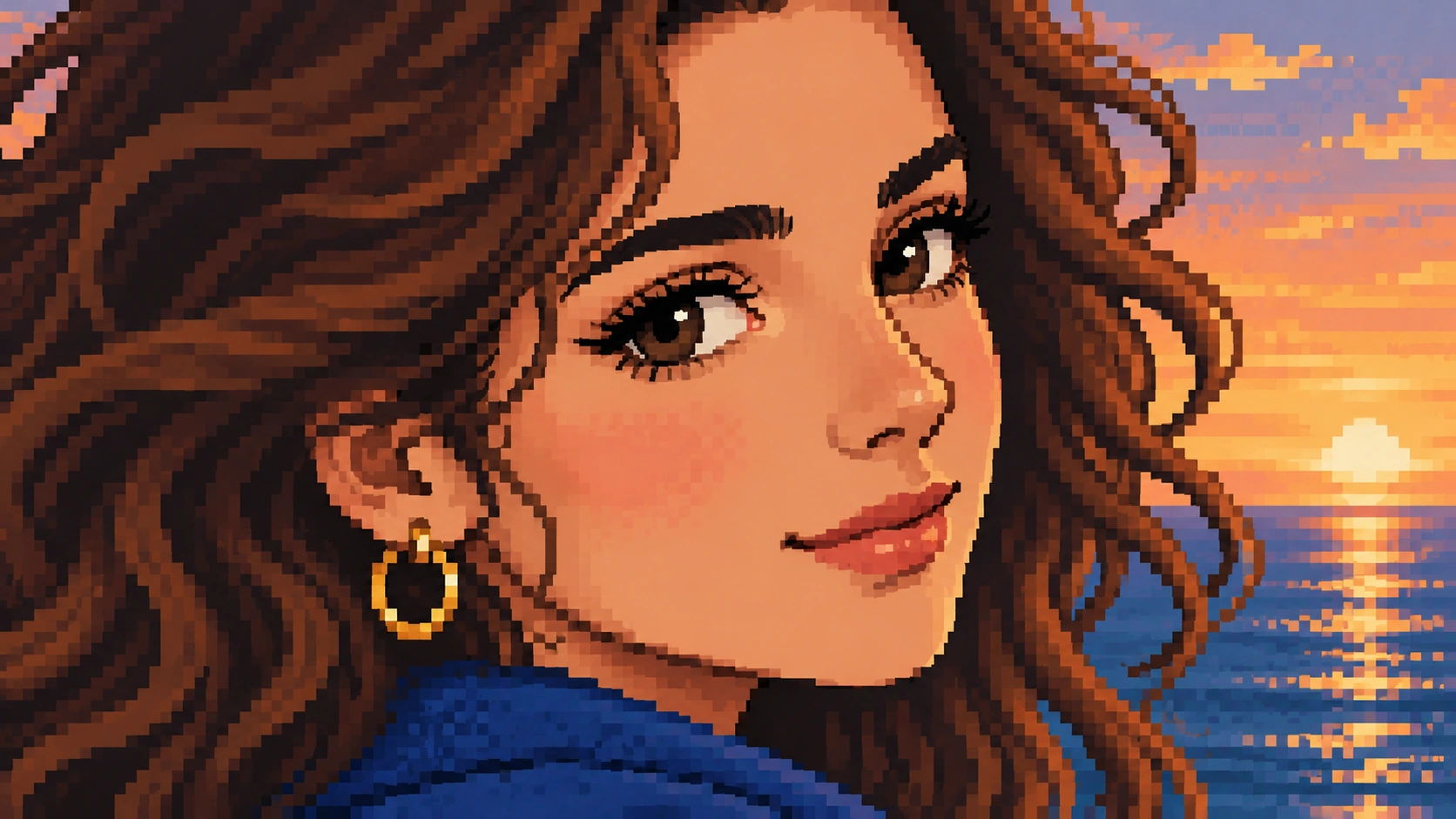 Close pixel-art face with readable eyes and a gold hoop earring